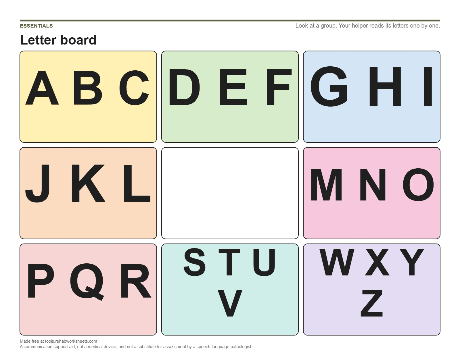 The E-Tran letter board board: A B C, D E F, G H I, J K L, M N O, P Q R and more