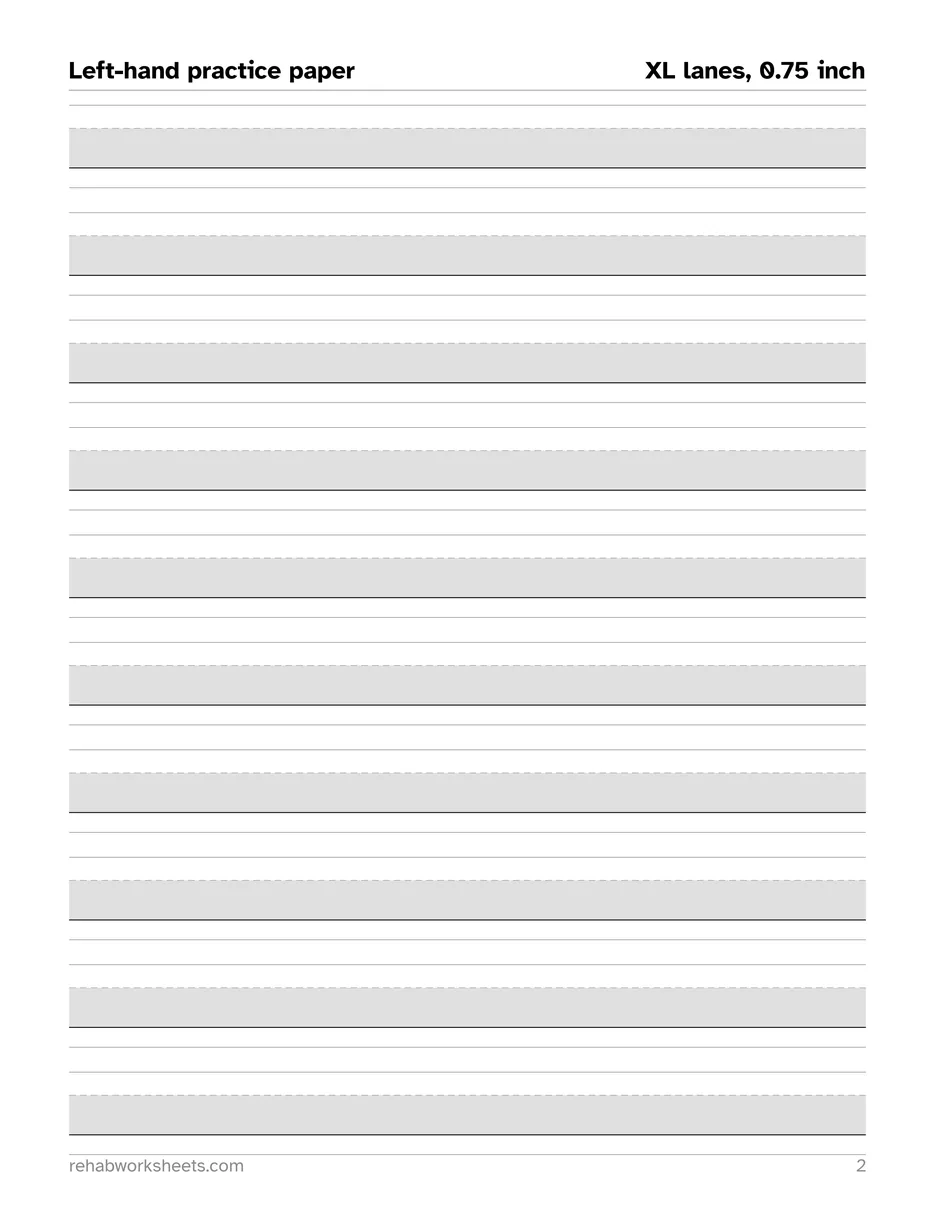 One of the sheets: ten XL writing lanes down a letter page, each a gray band on a black baseline